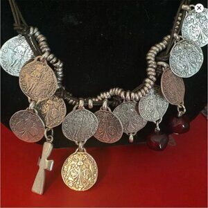 UNO de 50 long necklace with coins and beads on brown leather rope